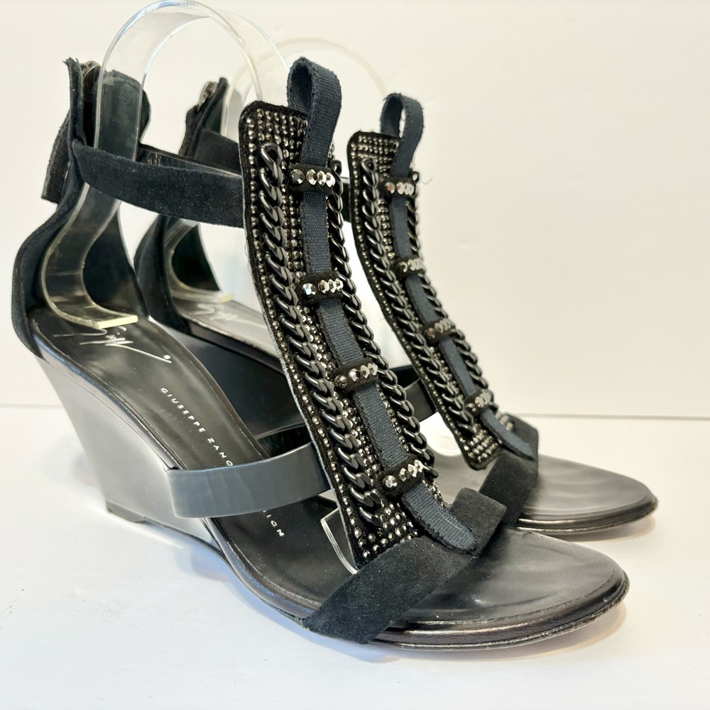Giuseppe Zanotti Black Suede Leather Swarovski Crystal Gladiator‎ Wedge Sandals